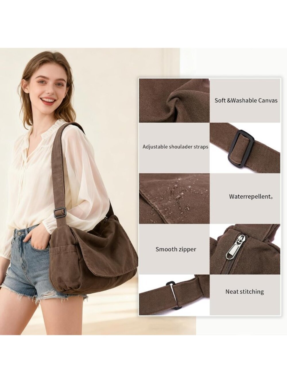 Women's A-coffee Zipper Casual Sling Aesthetic Crossbody Shoulder Bag - Picture 6 of 7